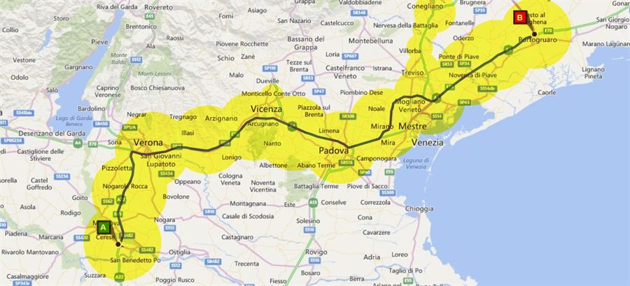 Mappa del corridoio di trasporto tra Mantova e Pordenone con le aree servite